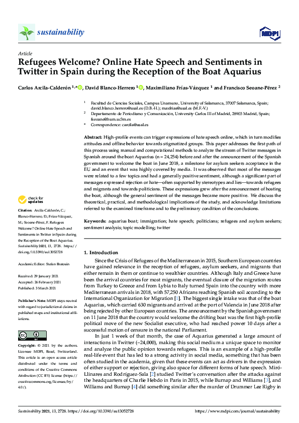 (PDF) Refugees Welcome? Online Hate Speech and Sentiments in Twitter in ...
