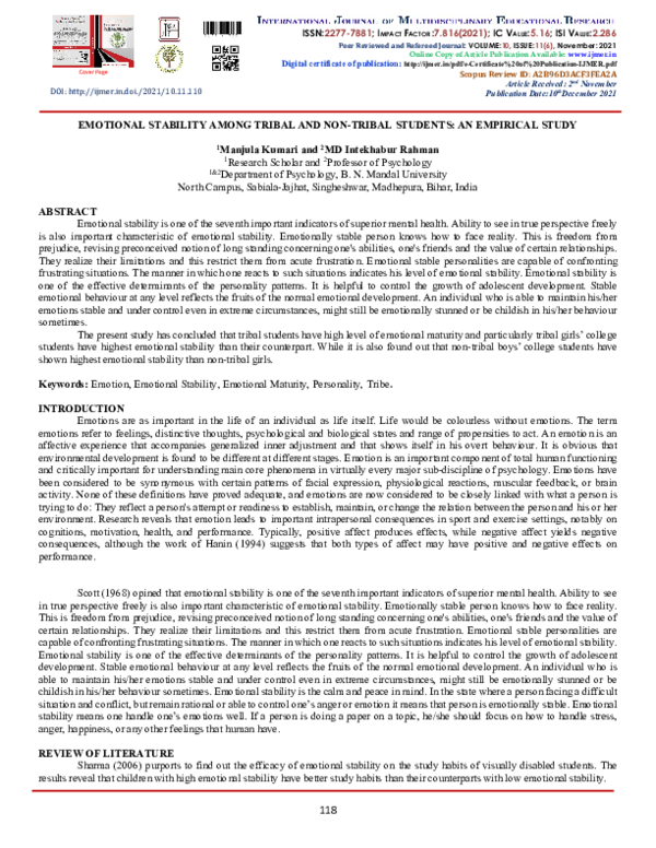 (PDF) EMOTIONAL STABILITY AMONG TRIBAL AND NON-TRIBAL STUDENTS: AN ...