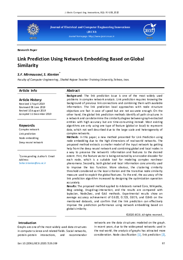 (PDF) Link Prediction using Network Embedding based on Global Similarity