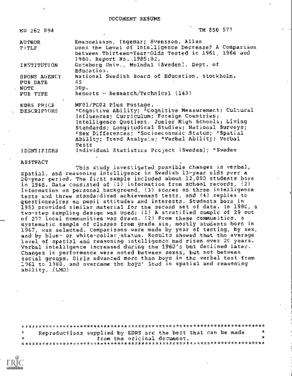 (PDF) Does the Level of Intelligence Decrease? A Comparison between ...