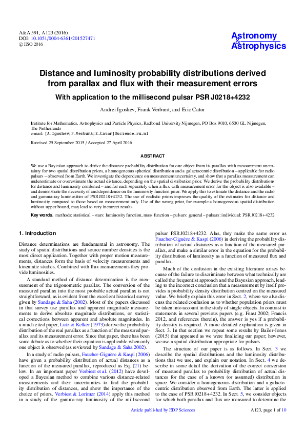 (PDF) Distance and luminosity probability distributions derived from ...