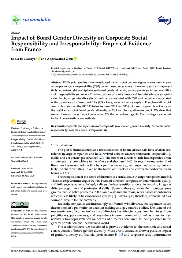 (PDF) Impact of Board Gender Diversity on Corporate Social ...