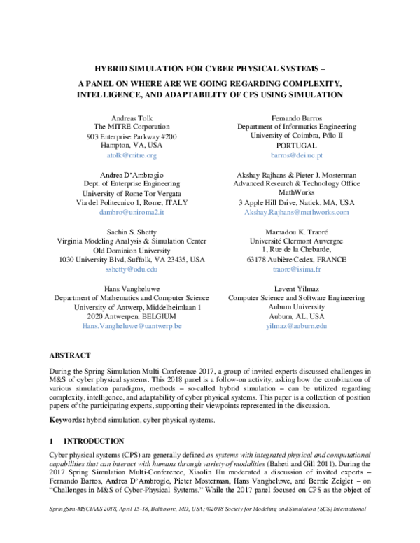 (PDF) Hybrid Simulation for Cyber Physical Systems - A Panel on where ...