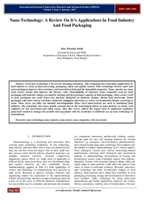 (PDF) Nano Technology : A Review On It ’ s Applications In Food ...
