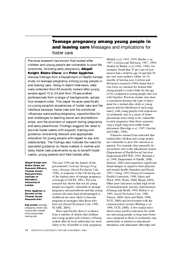 (PDF) Teenage Pregnancy among Young People in and Leaving Care ...