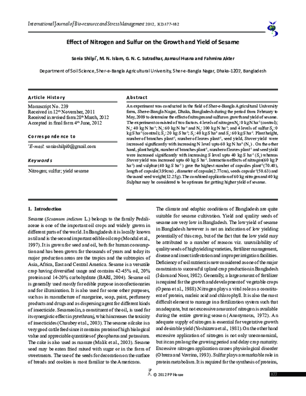 (PDF) Effect of Nitrogen and Sulfur on the Growth and Yield of Sesame