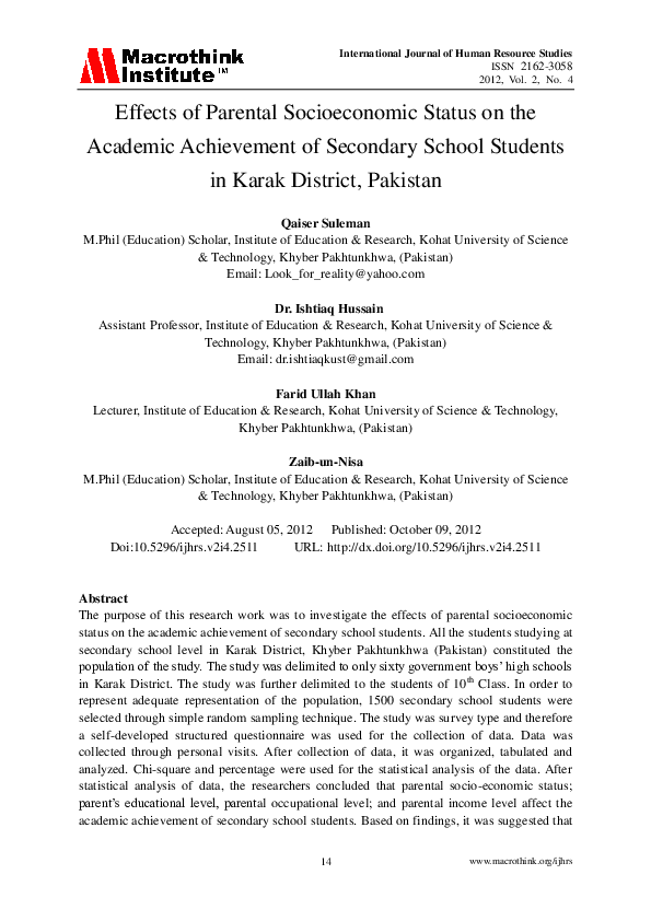 (PDF) Effects of Parental Socioeconomic Status on the Academic ...