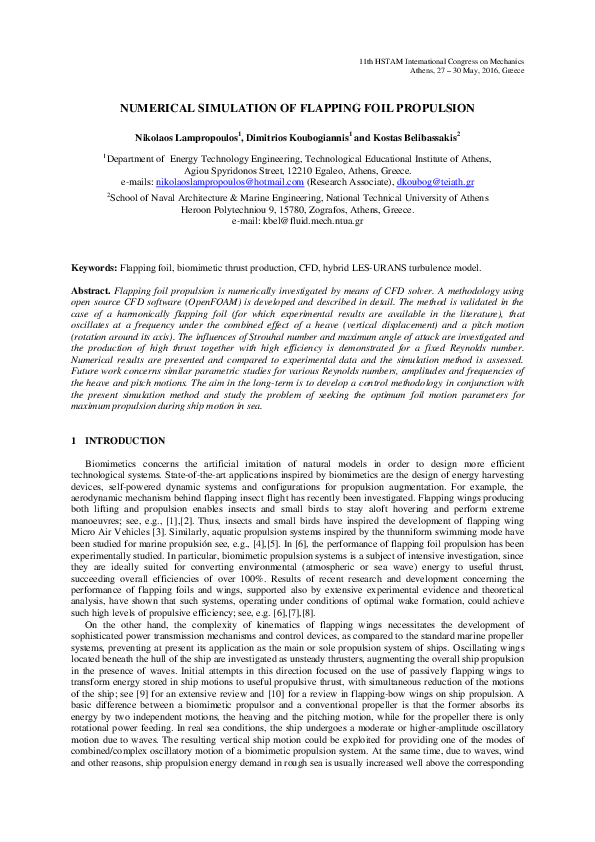 (PDF) Numerical Simulation of Flapping Foil Propulsion