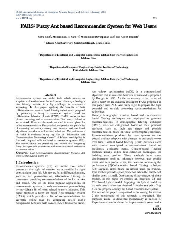 (PDF) FARS: Fuzzy Ant based Recommender System for Web Users