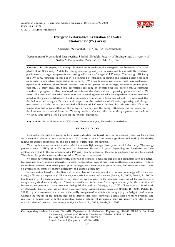 (PDF) Exergetic performance evaluation of a solar photovoltaic (PV) array
