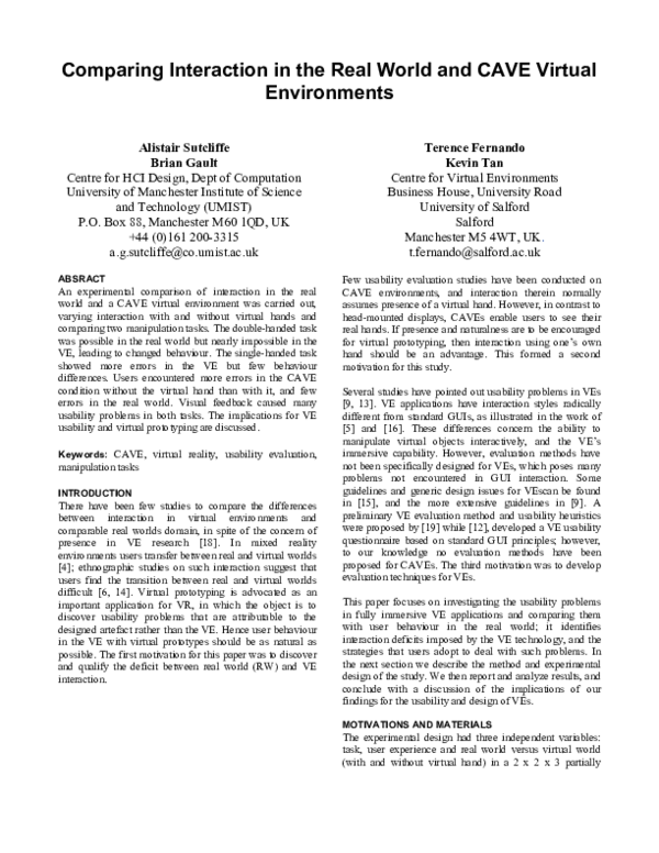 (PDF) Comparing Interaction in the Real World and CAVE Virtual Environments