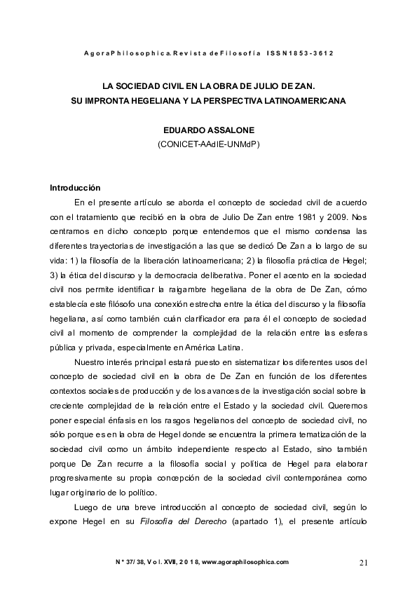 (PDF) La sociedad civil en la obra de Julio De Zan. Su impronta