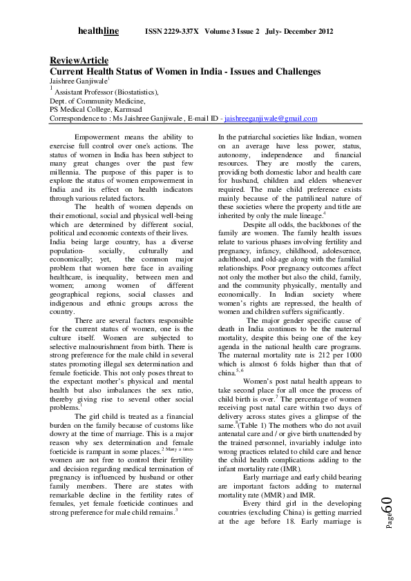 (PDF) Current health status of women in India - issues and challenges