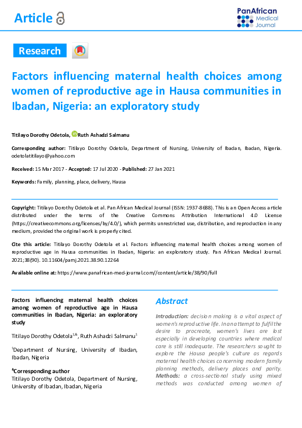 (PDF) Factors influencing maternal health choices among women of ...