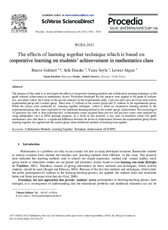 (PDF) The Effects of Learning Together Technique Which is based on ...