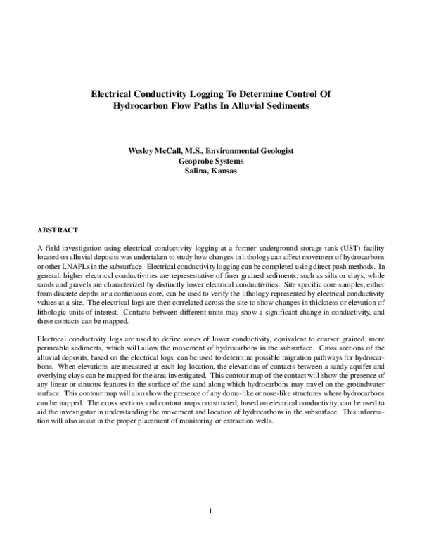 (PDF) Electrical Conductivity Logging To Determine Control Of Hydrocarbon Flow Paths In Alluvial