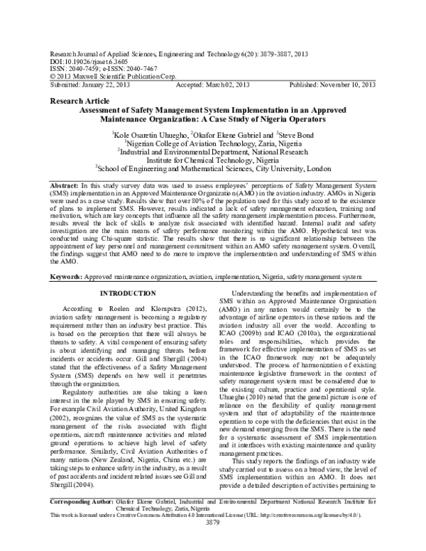 (PDF) Assessment of Safety Management System Implementation in an ...