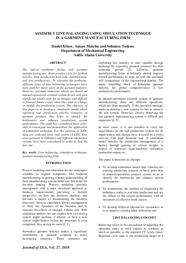 (PDF) Assembly line balancing using simulation technique in a garment ...