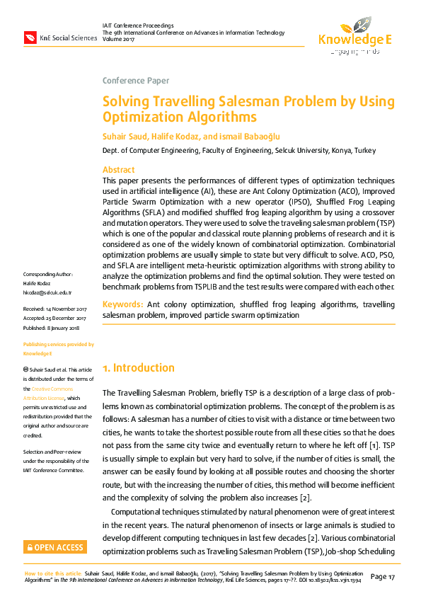 (PDF) Solving Travelling Salesman Problem by Using Optimization Algorithms