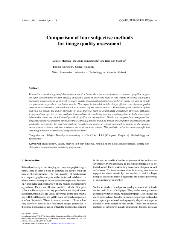 (PDF) Comparison of Four Subjective Methods for Image Quality Assessment