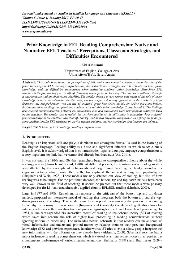 (PDF) Prior Knowledge in EFL Reading Comprehension: Native and ...