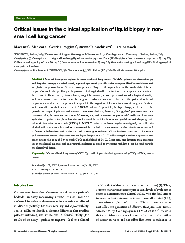 (PDF) Critical issues in the clinical application of liquid biopsy in ...