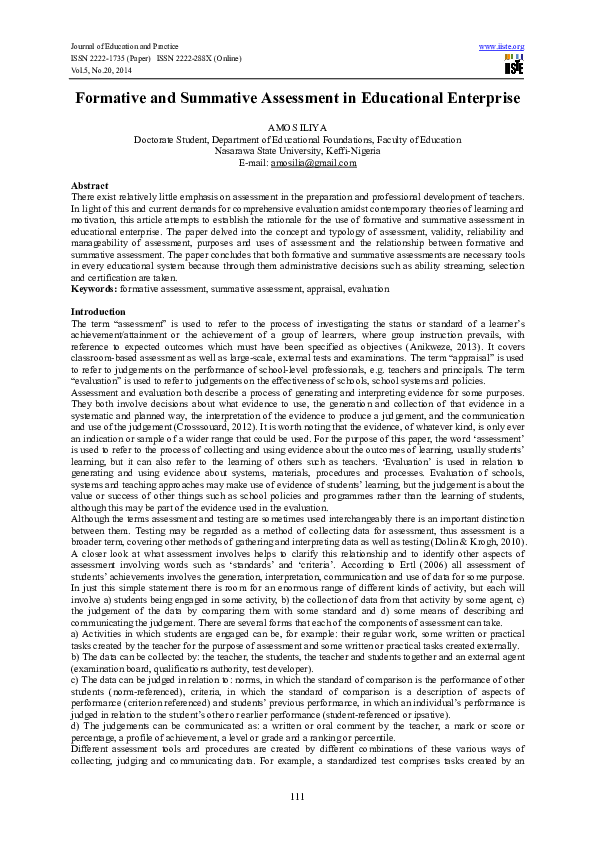 (PDF) Formative and Summative Assessment in Educational Enterprise