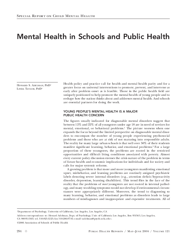 (PDF) Mental health in schools and public health