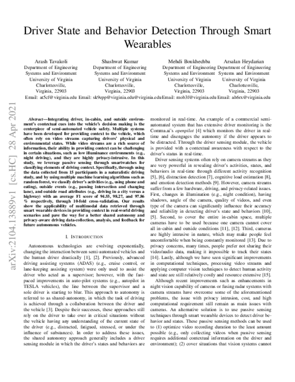 (PDF) Driver State and Behavior Detection Through Smart Wearables