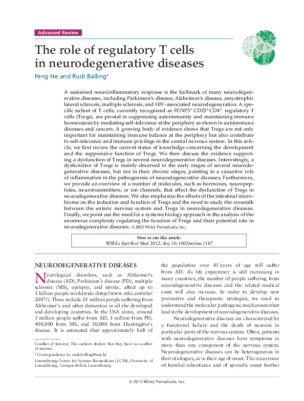 (PDF) The role of regulatory T cells in neurodegenerative diseases