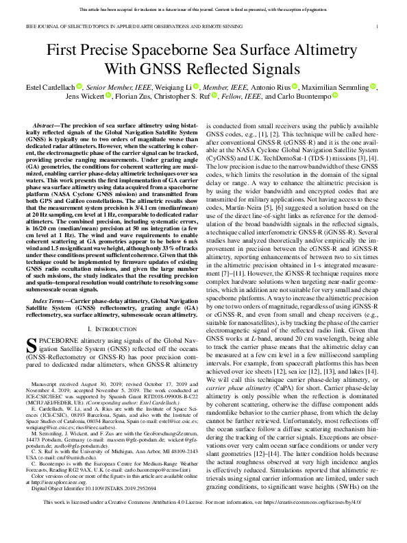 (PDF) First Precise Spaceborne Sea Surface Altimetry With GNSS ...