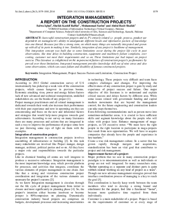 (PDF) Integration Management: A Report on the Construction Projects