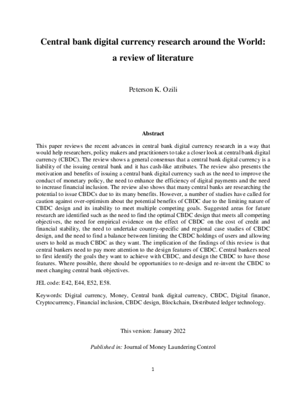 (PDF) Central bank digital currency research around the World: a review ...