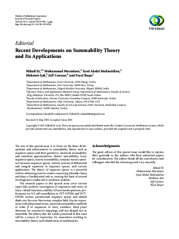 (PDF) Recent Developments on Summability Theory and Its Applications