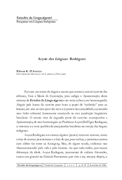  PDF Aryon Das L nguas Rodrigues Wilmar DAngelis Academia edu