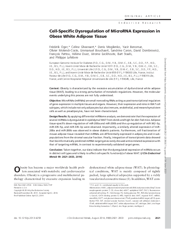 (PDF) Cell-specific dysregulation of microRNA expression in obese white ...