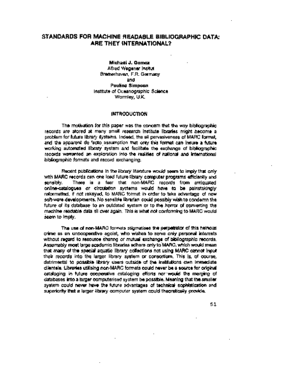 (PDF) Standards for machine readable bibliographic data: are they ...