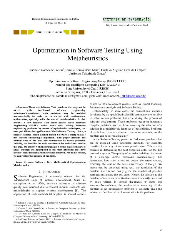 (PDF) Optimization in Software Testing Using Metaheuristics