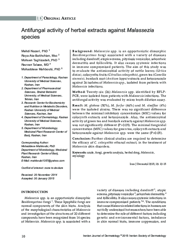 (PDF) Antifungal activity of herbal extracts against Malassezia species
