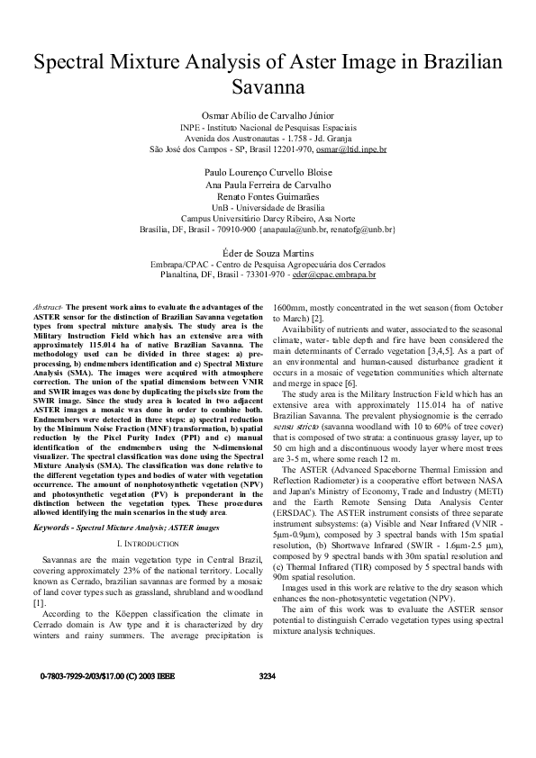 (PDF) Spectral mixture analysis of ASTER image in Brazilian Savanna ...