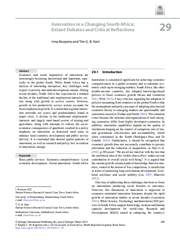 (PDF) Innovation in a changing South Africa: extant debates and ...