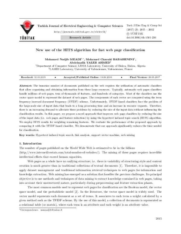 (PDF) New use of the HITS algorithm for fast web page classification