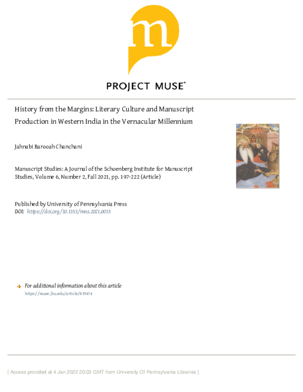 First page of “History from the Margins: Literary Culture and Manuscript Production in Western India in the Vernacular Millennium”