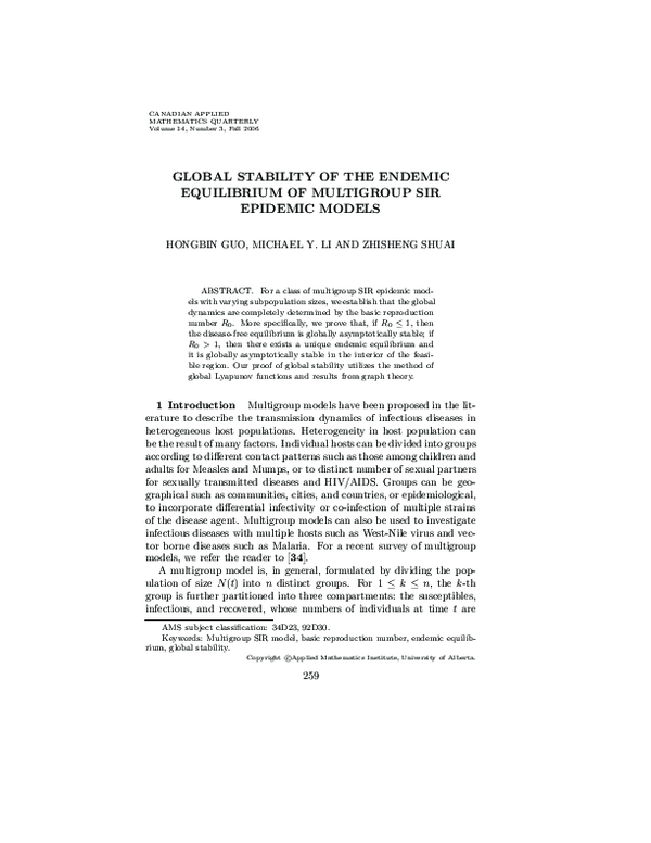 (PDF) Global stability of the endemic equilibrium of multigroup SIR ...