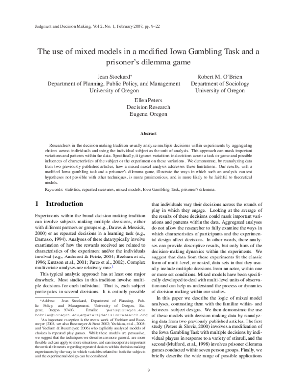 (PDF) The use of mixed models in a modified Iowa Gambling Task and a ...