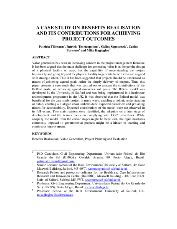 (PDF) A case study on benefits realization and its contributions for ...
