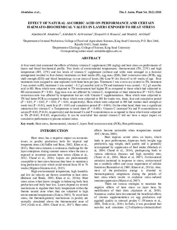 (PDF) Effect of Natural Ascorbic Acid on Performance and Certain ...