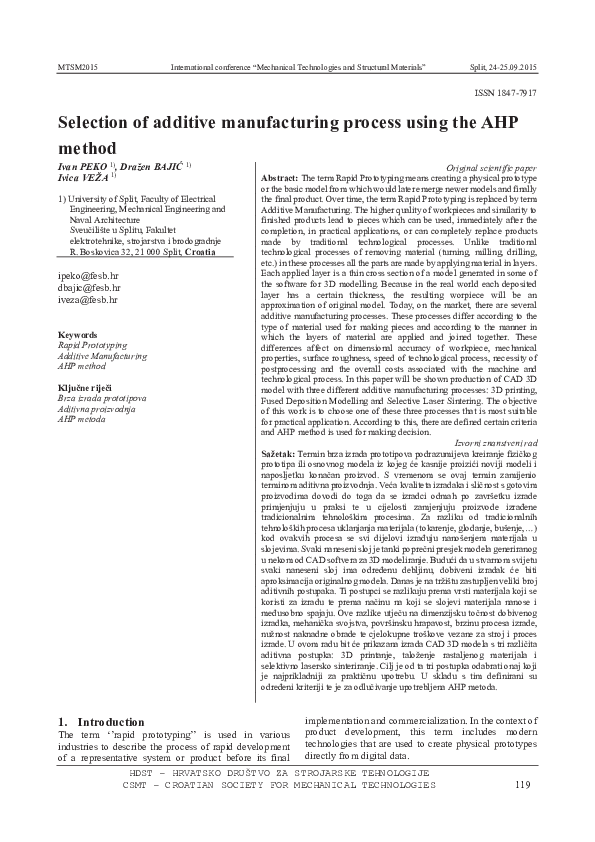 (PDF) Selection of additive manufacturing process using the AHP method