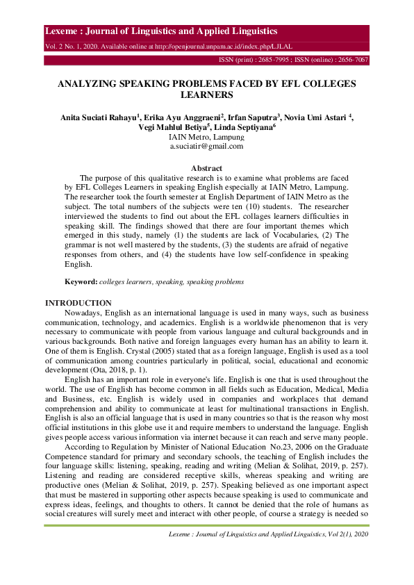 (PDF) Analyzing Speaking Problems Faced by Efl Colleges Learners