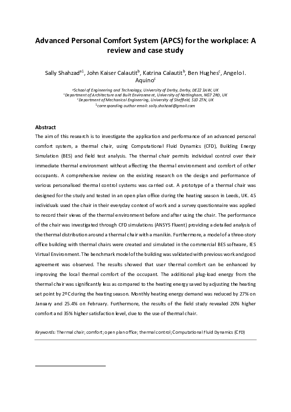 (PDF) Advanced personal comfort system (APCS) for the workplace A